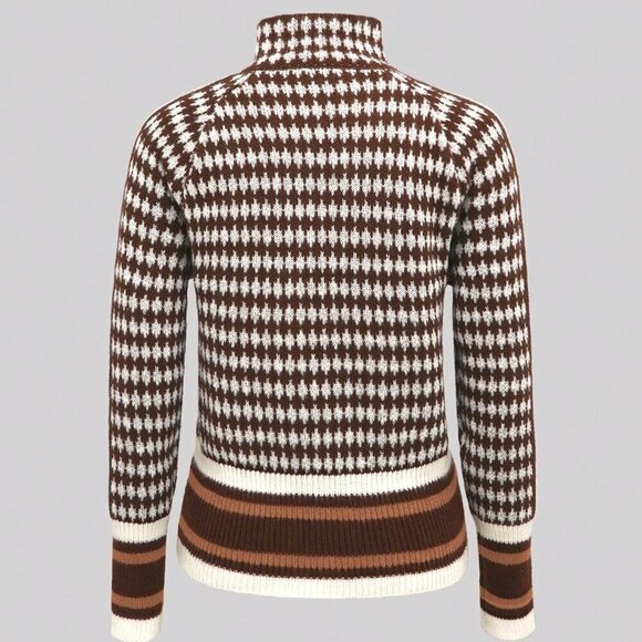 Multicolor Casual Women's Pattern Zippered Knitted Stand Collar Cardigan - Picture 2 of 3